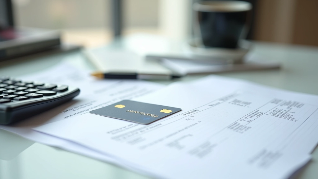 Carte bancaire de crédit posée sur un relevé de compte bancaire, calculatrice et stylo à proximité, bureau moderne