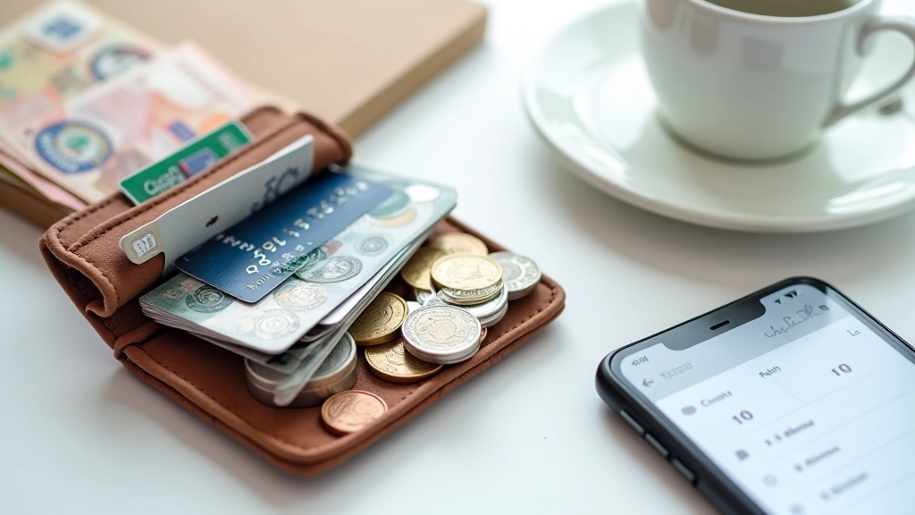 Portefeuille avec espèces, cartes bancaires et téléphone mobile pour le suivi des paiements