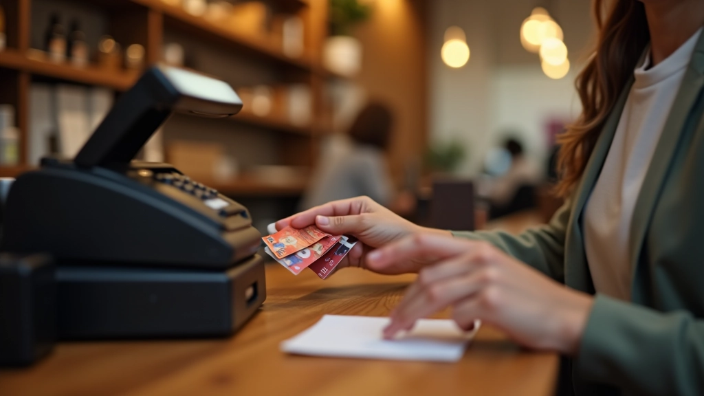 Comptoir de café avec caisse enregistreuse, espèces et cartes bancaires sur le comptoir, ambiance chaleureuse de café français