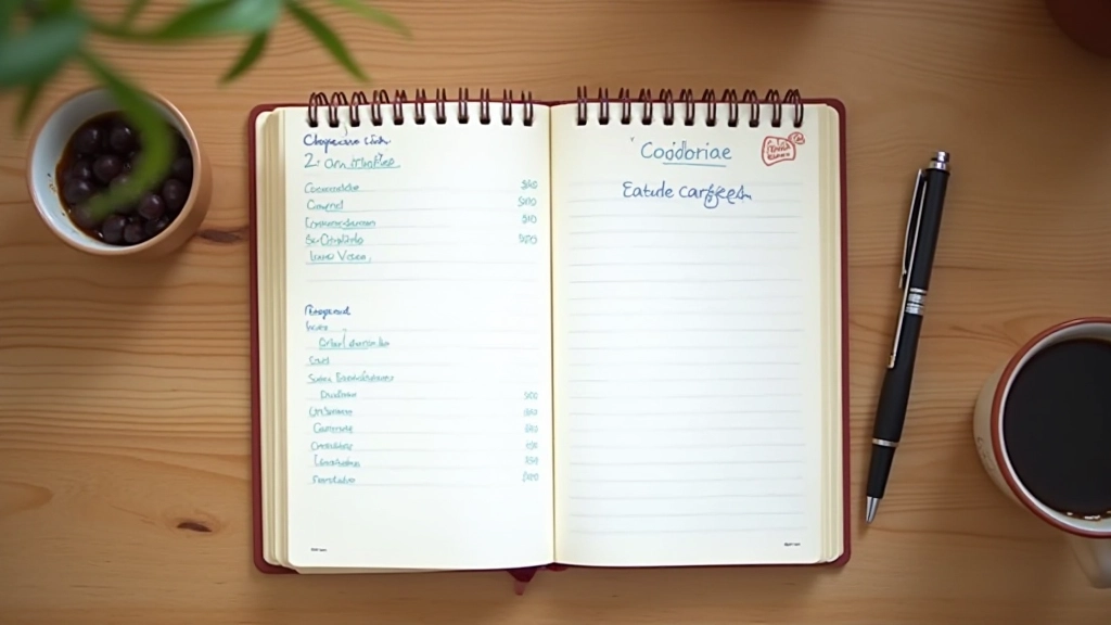 Carnet ouvert avec notes manuscrites sur un bureau en bois à côté d'une tasse de café