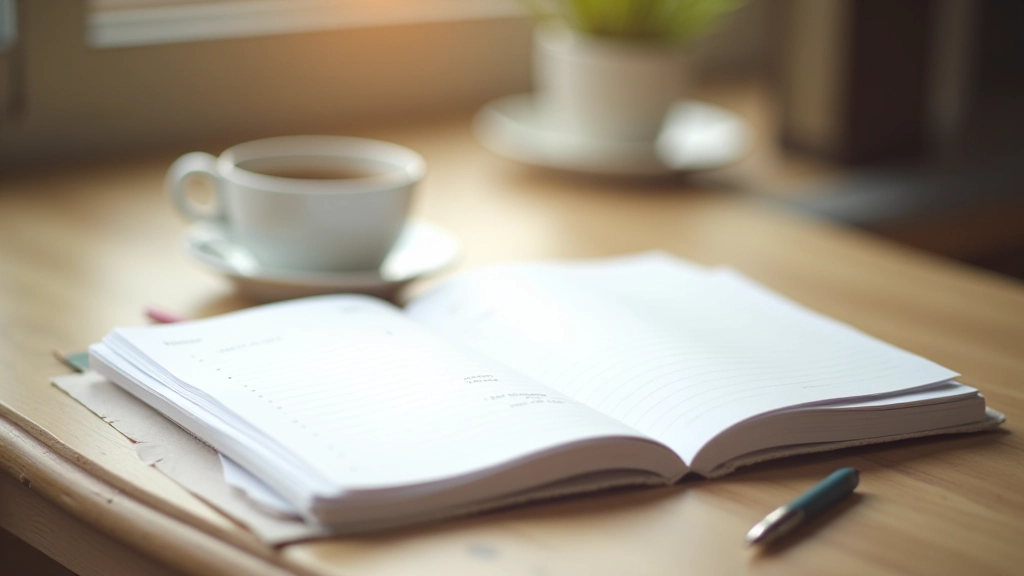 Journal des dépenses ouvert sur un bureau avec stylo et café, montrant des notes manuscrites de suivi quotidien