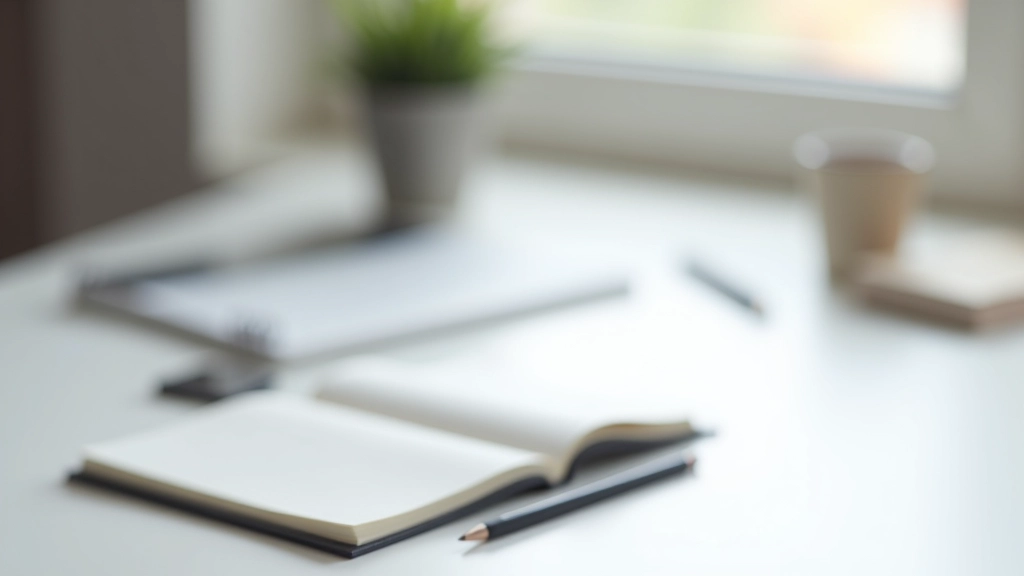 Petit carnet noir ouvert avec stylo sur un bureau blanc, notes manuscrites visibles