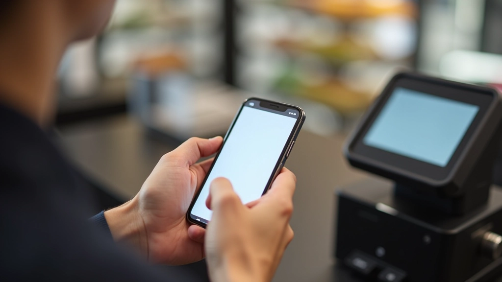Smartphone affichant une application de paiement mobile, NFC actif, mains tenant le téléphone près d'un terminal de paiement