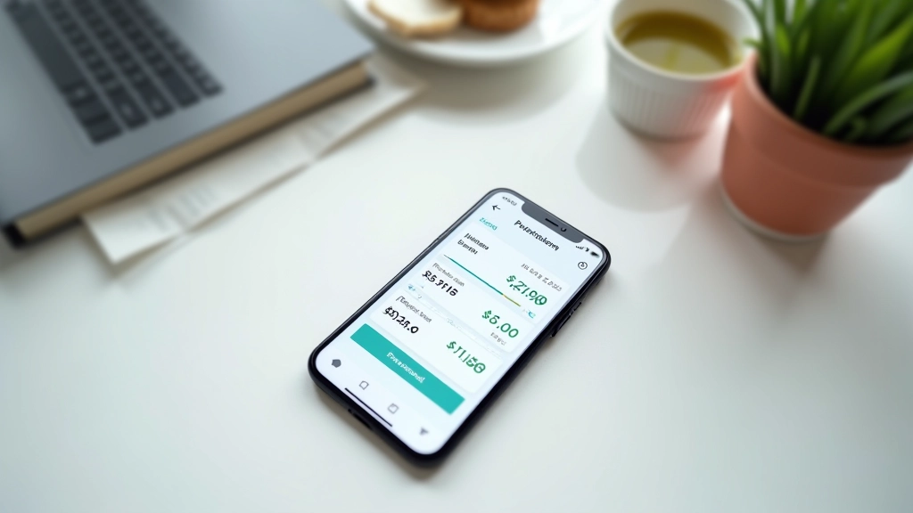 Smartphone affichant une application de suivi bancaire avec transactions listées