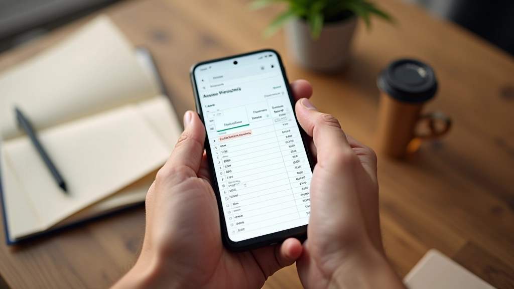 Écran de téléphone montrant une feuille de calcul simple avec colonnes de dates et montants