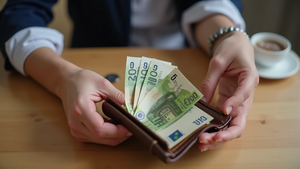 Main tenant des billets d'euros, portefeuille ouvert avec des pièces, table en bois, lumière naturelle du jour