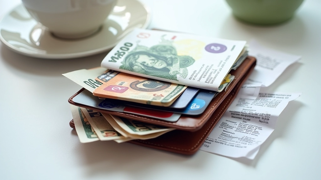 Portefeuille ouvert avec billets et cartes bancaires, reçus à côté sur surface claire