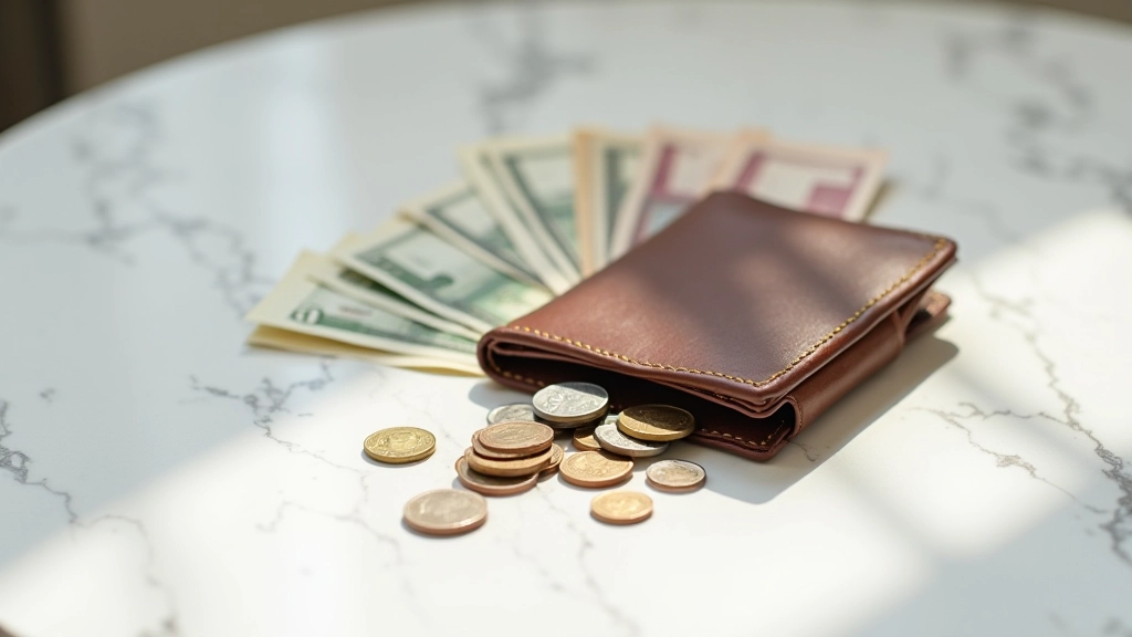 Portefeuille avec pièces de monnaie et billets, mise en scène sur surface en marbre